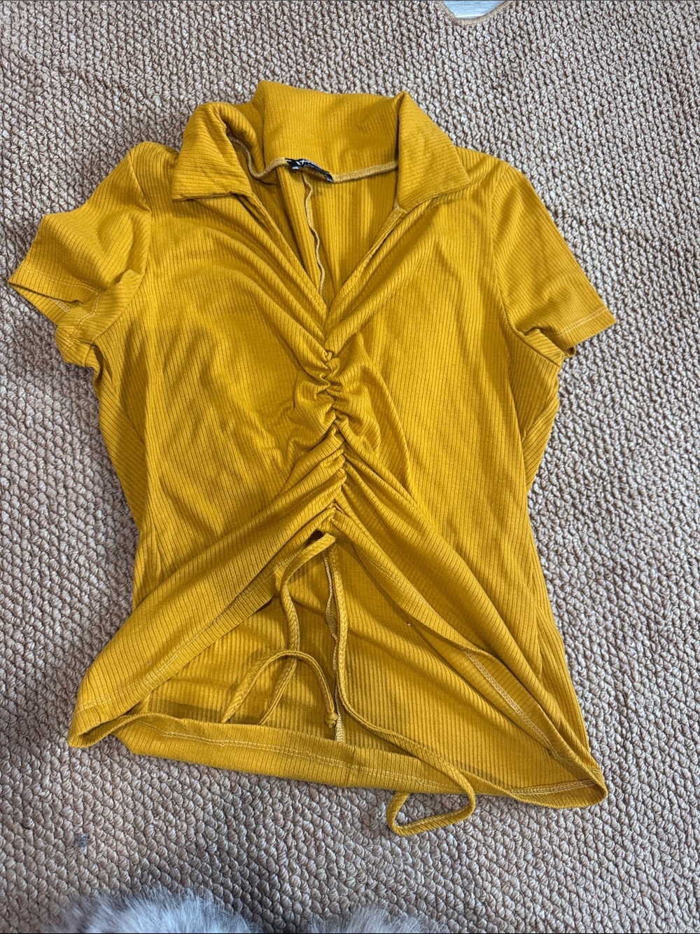 Express Mustard Ruched Drawstring Polo Crop Top